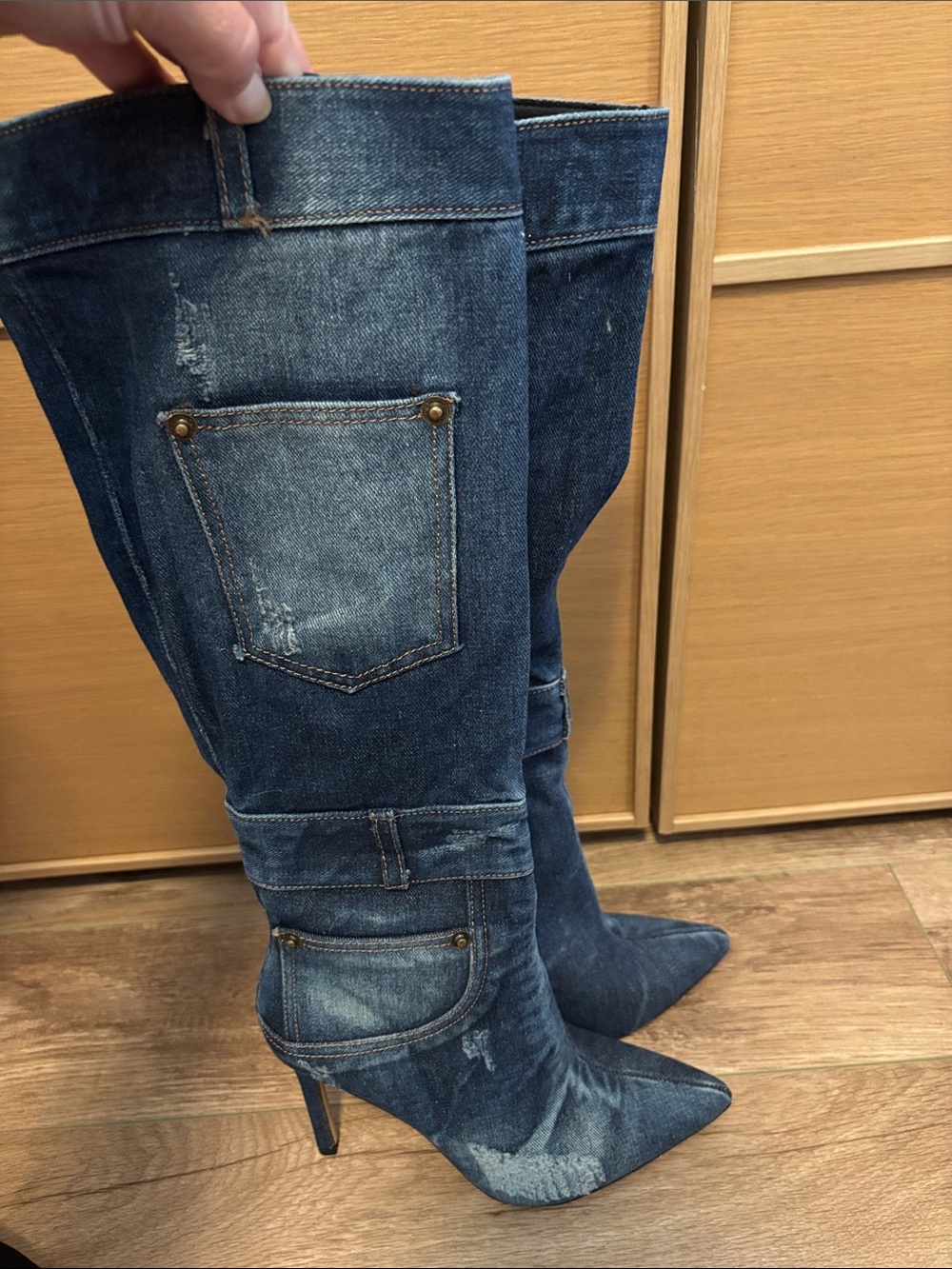 Denim Knee-High Stiletto Boots in Dark Blue